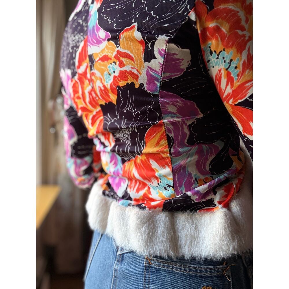 Vintage 70s Floral Faux Fur Trim Cropped Jacket | Disco Glam Bolero | M - Picture 5 of 13